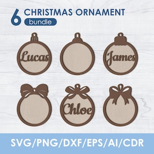 May include: A bundle of six Christmas ornaments. Each ornament is a brown wooden cutout with a light tan center. Some ornaments have names like "Lucas", "James", and "Chloe". The top of each ornament has a loop for hanging. The text "CHRISTMAS ORNAMENT bundle" is at the top.