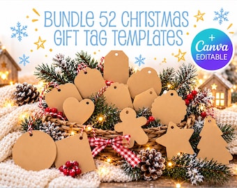 Gift Tag Canva Editable Blank Template, Bundle, Christmas Gift Tag Frame Design, Party Printable Hang Tag Customizable, Drag & Drop