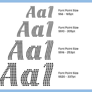 K&ouml;nnte beinhalten: Vier verschiedene Gr&ouml;&szlig;en der Buchstaben "A a l" in einem gepunkteten Schriftstil. Die Schriftgr&ouml;&szlig;en sind SS6 - 165pt, SS10 - 205pt, SS16 - 253pt und SS20 - 337pt.