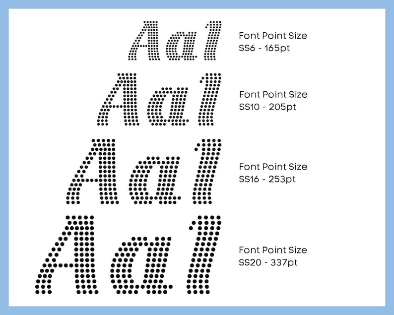 K&ouml;nnte beinhalten: Vier verschiedene Gr&ouml;&szlig;en der Buchstaben "A a l" in einem gepunkteten Schriftstil. Die Schriftgr&ouml;&szlig;en sind SS6 - 165pt, SS10 - 205pt, SS16 - 253pt und SS20 - 337pt.