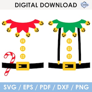 May include: Digital download featuring two elf costume designs. One has a red collar with bells and a candy cane, the other has a green collar. Both have yellow buttons, black suspenders, and belts. The image includes the text "DIGITAL DOWNLOAD" and "SVG / EPS / PDF / DXF / PNG".