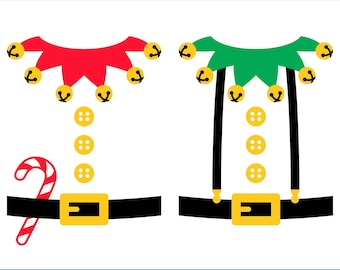 May include: Digital download featuring two elf costume designs. One has a red collar with bells and a candy cane, the other has a green collar. Both have yellow buttons, black suspenders, and belts. The image includes the text "DIGITAL DOWNLOAD" and "SVG / EPS / PDF / DXF / PNG".