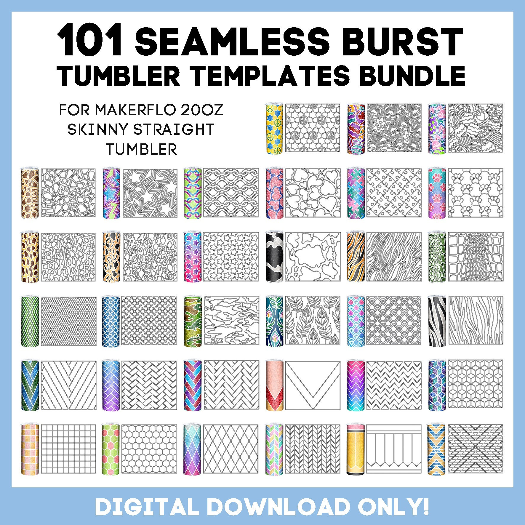 20oz Skinny Straight Makerflo, tumbler tape template, BUNDLE, Burst Tumbler SVG, Seamless Design, glitter, Full Wrap, Instant Download