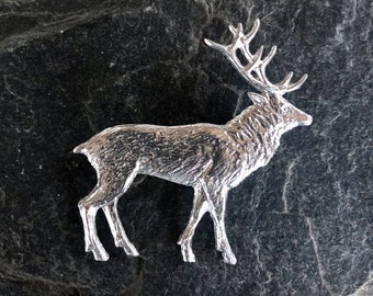 Pewter Roe Deer Stag Hunting Shooting Brooch Pin Signed 
