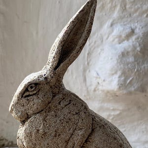 Könnte beinhalten: Eine detaillierte Skulptur eines sitzenden Hasen mit aufgestellten Ohren. Die Skulptur hat eine strukturierte Oberfläche und ist in gedämpften, erdigen Tönen gehalten. Das Auge des Hasen ist sichtbar, und die Skulptur ist wahrscheinlich aus Stein oder einem ähnlichen Material.