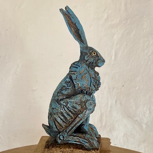 Blue hare sculpture in ceramic by Paul Szeiler