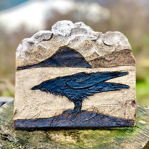 Raven wall plaque / picture hand drawn in ceramic