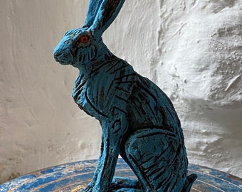 Blue Hare sculpture in ceramic by Paul Szeiler.