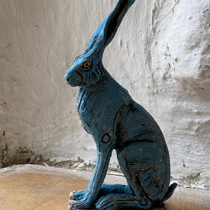 Blue hare sculpture in ceramic by Paul Szeiler