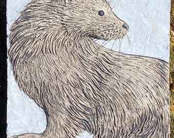 Otter plaque / tile low relief in ceramic stoneware.