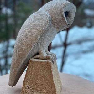 Könnte beinhalten: Eine sandfarbene Eulen-Skulptur mit strukturierter Oberfläche, die auf einem quadratischen Sockel sitzt. Die Eule hat dunkle Augen und blickt nach unten. Der Sockel hat ein kleines, geätztes Design. Die Skulptur ist wahrscheinlich aus Stein oder einem ähnlichen Material.