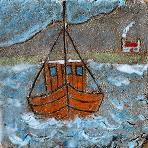 Scottish Fishing Boat ceramic tile by Scottish artist Jill Szeiler