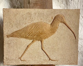 Curlew low relief sculpture plaque /wall hanging in ceramic stoneware.
