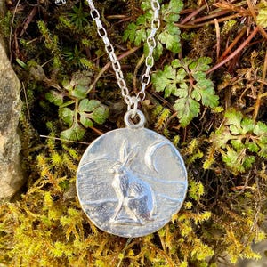 Hare moon and mountain pendant necklace in silver