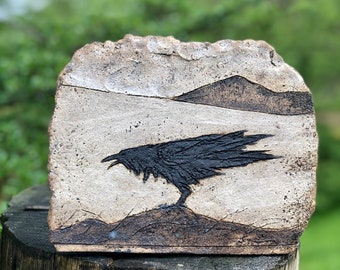 Raven in Highland landscape wall tile / plaque by Paul Szeiler.