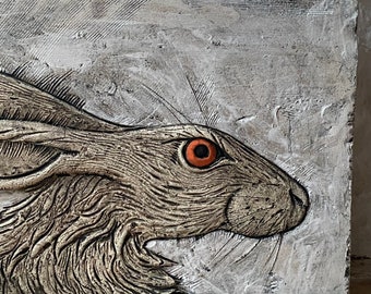 Hare’s head in low relief ceramic plaque / wall hanging.