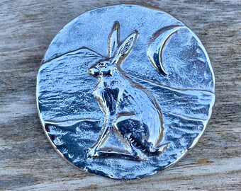 Hare with crescent moon and mountain brooch in sterling silver