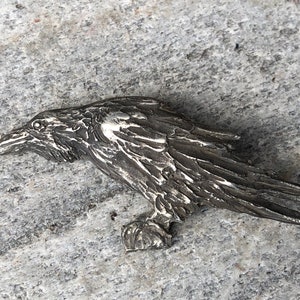 May include: A detailed, silver raven figurine. The bird is shown in profile, with textured feathers and a sharp beak. The raven is perched on a small base, showcasing intricate details. This decorative piece is ideal for collectors or as a unique home accent.