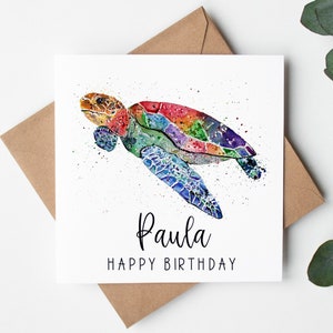 Personalised turtle birthday card, Customised card, birthday card for her, greetings card, card for him, watercolour turtle, card for friend