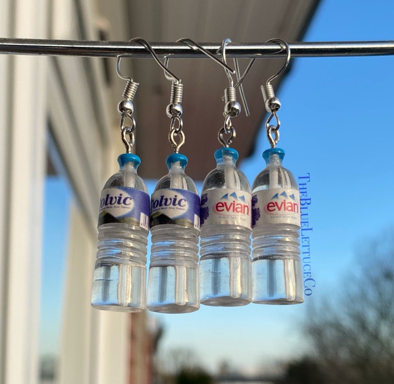 Water bottle earrings evian volvic novelty resin Etsy