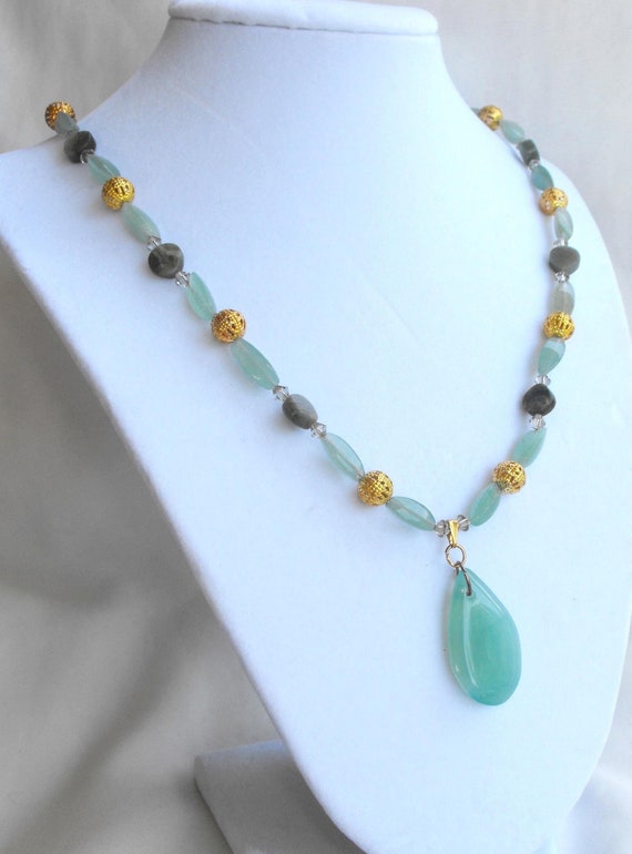 Light Green Jade Pendant With Jade and Jasper Accent Beads