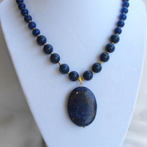 Lovely  natural handcrafted oval lapis Lazuli pendant necklace with round lapis lazuli  beads