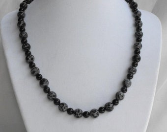 Black and white Spotted jasper and black onyx unisex necklace.