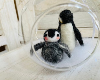 Needle felted penguins in a glass terrarium. hanging decoration, penguin needle felt decoration.
