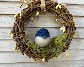 Mini natural vine wreath with needle felted blue bird, 6 inches wreath, natural wall decorations, wreath with blue bird, bird wreath.