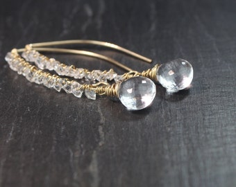 Herkimer Diamond, Clear Crystal Quartz In 14k Gold Filled Or Silver Long Dangle Handmade Earrings, April Birthstone Gift, Gift For Her