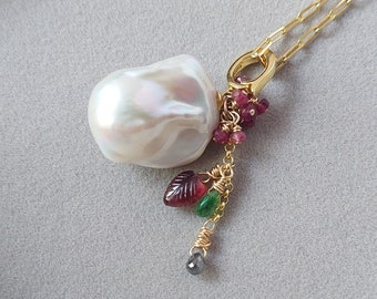 Baroque Metallic Fireball Pearl w/ Genuine Salt and Pepper Diamond, Pink Tourmaline, Tsavorite, Garnet Gold Pendant Necklace, Gift For Her