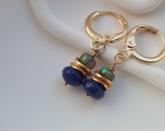 Lapis, Black Ethiopian Opal, Small Dangle Lever Back Earrings in Gold Fill, lapis lazuli Drop Gemstone Earrings, Valentines, Birthday Gift