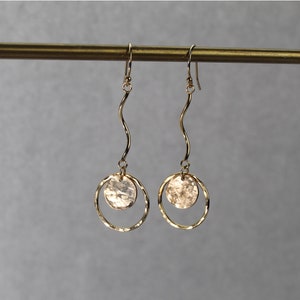 Gold Hammered Hoop and Disc, Spiral Dangle Earrings, Handmade Hammered Circle 14k Gold Fill Drop Hoop Earrings, Handmade Hoops, Gift For Her