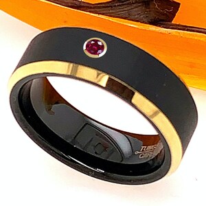 Ruby Tungsten Ring Black Gold 8mm Flat Beveled Mens Womens Wedding Band