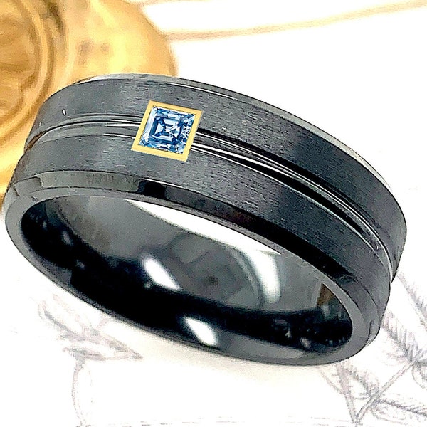 Aquamarine Ring, Black Zirconium Ring, Gunmetal Ring, Personalized Ring, Mens Wedding Band, Black Wedding Ring, Mens Zirconium Ring