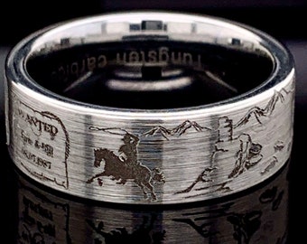 Anillo de tungsteno estilo vaquero occidental: alianza de boda panorámica grabada