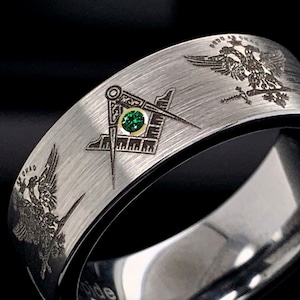 Masonic Tungsten Ring Emerald Compass Eagle 8mm Mens Band Custom Gold Bezel Gift