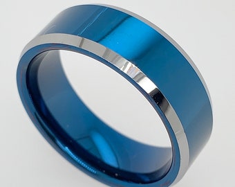 Blue Tungsten Ring, 8mm Blue Tungsten, Mens Wedding Ring, Blue Silver Ring, Custom Engraved Ring, Blue Wedding Ring, Personalized Ring