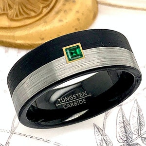 Anel de casamento esmeralda de tungstênio, anel preto de 8 mm, anel de esmeralda quadrado, anel de casamento masculino, faixas femininas de tungstênio, anel de tungstênio gravado personalizado