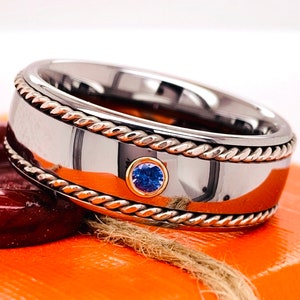 Anillo de tungsteno con zafiro azul: borde de cuerda acanalado, alianza de boda de ajuste cómodo
