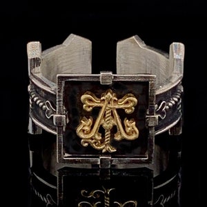 Handmade Sterling Silver Monogram Ring: 14k Gold Initial Cuff Ring
