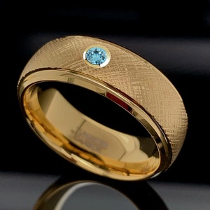 Gold Tungsten Ring, Aquamarine Tungsten Ring, 8mm Tungsten Ring, Mens Tungsten Ring, Womens Tungsten Ring, Gemstone Ring, Birthstone Ring