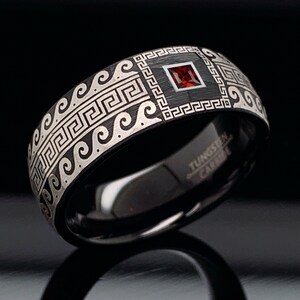 Black Tungsten Ring: Garnet, Greek Wave Design, Comfort Fit