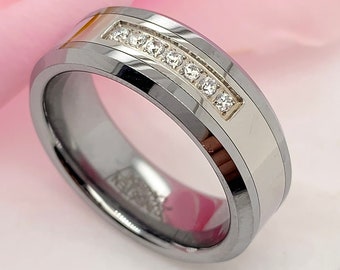 Tungsten Ring, Wedding Ring, Tungsten CZ Ring, Custom Engraved Ring, Tungsten Carbide, Mens Tungsten Ring, Mens Wedding Band, Comfort Fit