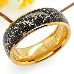 Black Meteorite Tungsten Ring: Yellow Gold Mens Wedding Band (8mm)