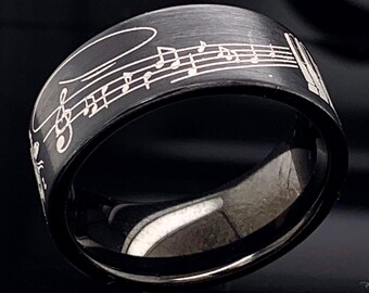 Music Notes Ring Black Tungsten Wedding Band Sheet Music Engraved Unisex 9mm