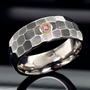 Hammered Black Tungsten Ring: Morganite Gemstone, Custom Engraved