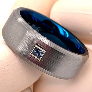 Sapphire Tungsten Wedding Band: Blue Interior, Gold Bezel, Anniversary Ring