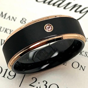 Morganite Tungsten Ring: Rose Gold & Black Wedding Band
