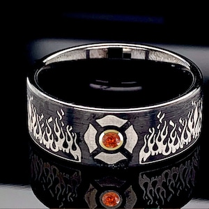 Black Tungsten Firefighter Ring: Orange Sapphire, Custom Engraved